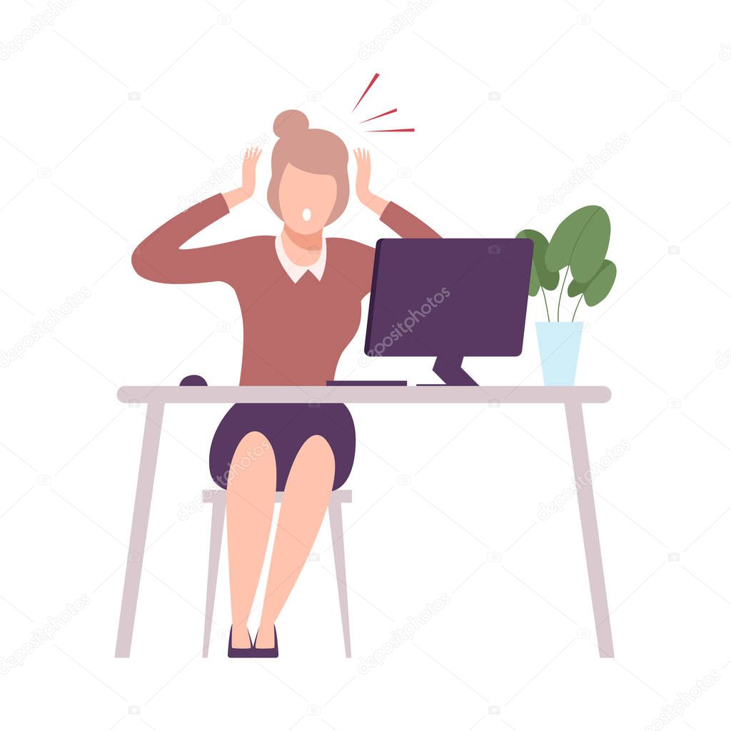 Stressed Businesswoman Sitting at the Desk Working at Computer, Young Woman Looking Scared into Computer Screen Flat Vector Illustration