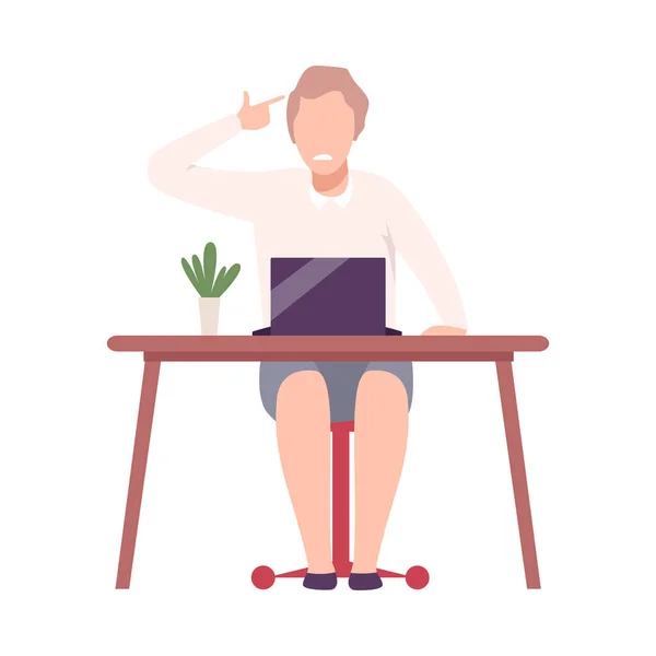 Mujer de negocios sentada en el escritorio y señalando dedos de pistola en su templo Vector plano Ilustración — Vector de stock