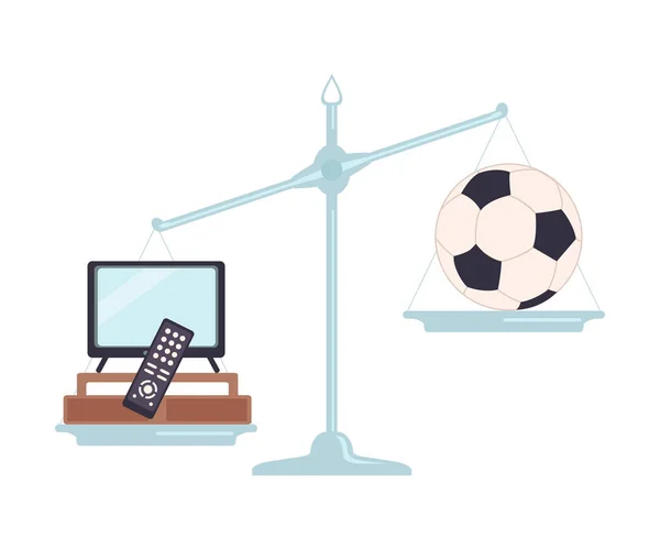 Computer Game Equipment is on One Side of Scale, Soccer Ball on the Other, Scales with Bad and Good Habits, Choosing Between Healthy and Unhealthy Lifestyle Flat Vector Illustration — Stock Vector