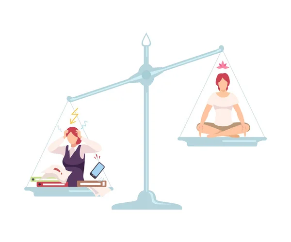 Mujer de negocios estresada está en un lado de la escala, la meditación de la mujer en posición de loto en el otro, malos y buenos hábitos, la elección entre un estilo de vida saludable y poco saludable plana Vector Ilustración — Archivo Imágenes Vectoriales