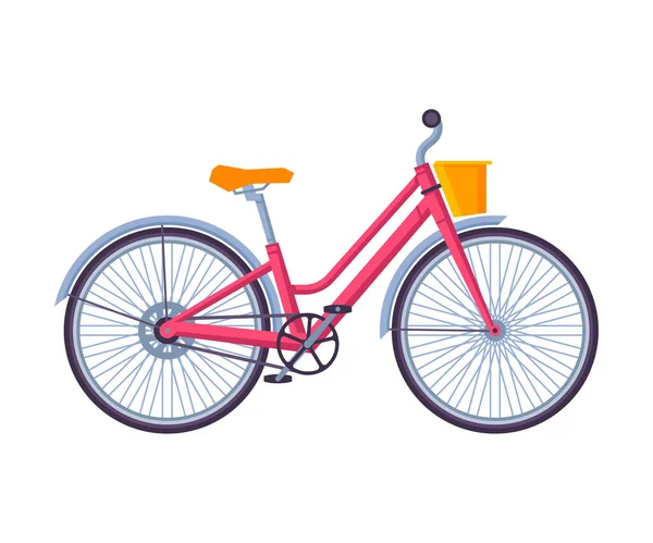 Sepeda Kota Klasik, Ekologi Sport Transport, Pink Women Bike Side View Flat Vector Illustration - Stok Vektor