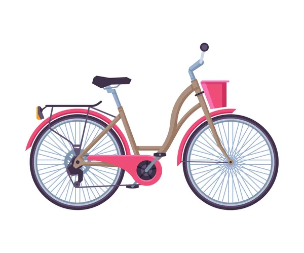 Retro City Bicycle with Basket, Ekologický Sport Transport, Růžové kolo Side View Flat Vector Illustration — Stockový vektor