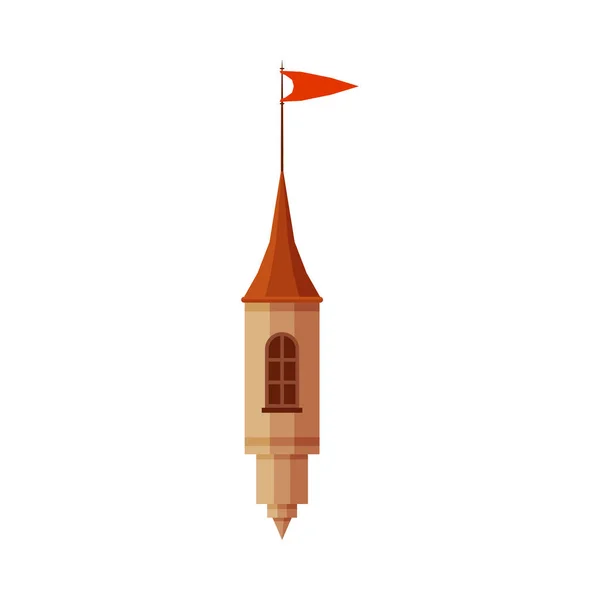Torre del Castillo Parte con Bandera Roja, Elemento de Piedra Medieval Fortaleza Vector Ilustración — Archivo Imágenes Vectoriales