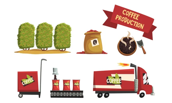 Colección de Procesos de Producción de Café, Cosecha, Asado, Embalaje, Logística Vector Illustration Aislado sobre Fondo Blanco — Vector de stock