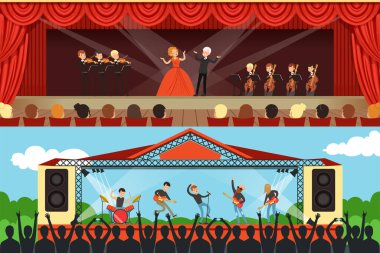 Opera Singers and Rock Band Performing on Stage in Front of Audience Vector Illustration