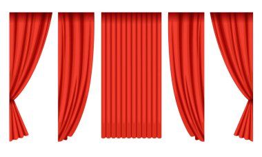 Red Silk Curtains Collection, Theater Stage Design Element Vector Illustration on White Background