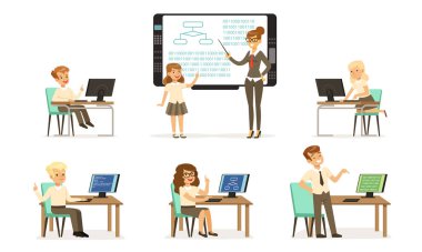 School Children at Informatics or Programming Lesson Collection, Students Working on Computers, Female Teacher Standing Beside Chalkboard and Explaining Lesson Vector Illustration