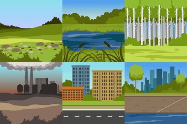 Collection of Sceneries of Urban and Natural Landscapes, Summer Backgrounds with Lake, Hills, Industrial Plant and City Buildings Vector Illustration