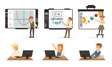 School Children at Informatics or Programming Lesson Collection, Students Working on Computers and Standing in Front of Interactive Whiteboard Vector Illustration
