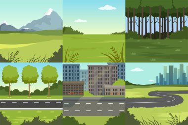 Collection of Sceneries of Urban and Natural Landscapes, Summer Backgrounds Vector Illustration