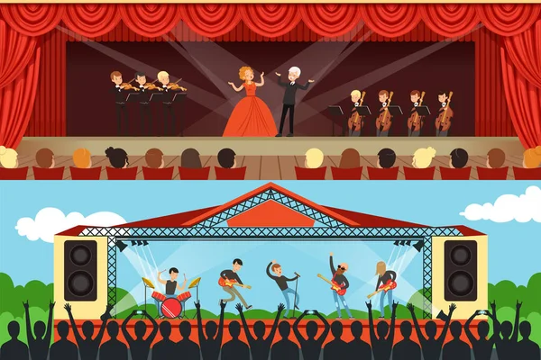 Cantantes de ópera y banda de rock actuando en el escenario frente al público Vector Illustration — Archivo Imágenes Vectoriales
