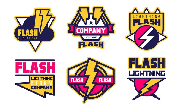 Flash Lightning Storm Company Logo Templates Collection, Electrical or Mechanic Industrial Company Bright Badges Vector Illustration — Wektor stockowy