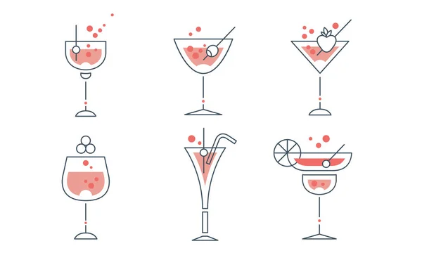 Refreshing Cocktails Collection, Alcohol Drinks Lined Signs Vector Illustration on White Background — Stockvector