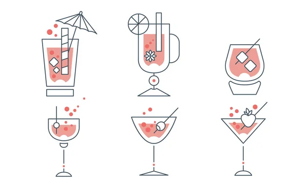 Cocktails Collection, Alcoholic and Refreshing Drinks Line Signs, Party Element Vector Illustration — Stok Vektör