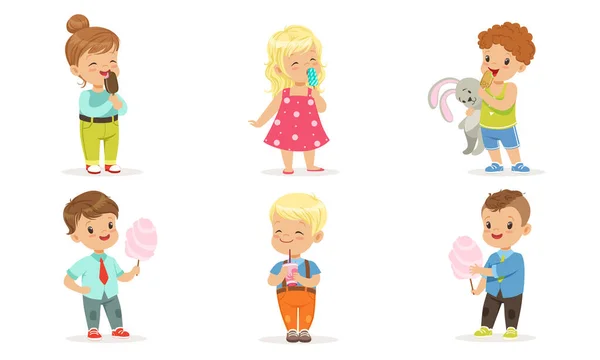 Collection of Cute Happy Kids Enjoying Eating Ice Cream and Cotton Candy Vector Illustration on White Background — Διανυσματικό Αρχείο