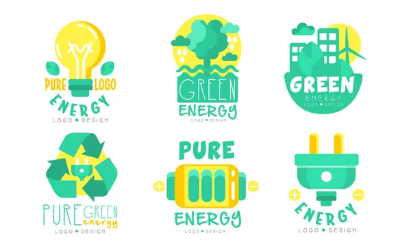 Pure Energy Green Logo Design Templates Collection, Renewable Energy, Innovative Technologies Vector Illustration on White Background — Stockvektor