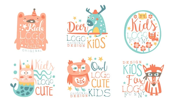 Colección de Niños Logo Plantillas de diseño originales con animales divertidos lindos, Infantil coloridas insignias dibujadas a mano Vector Ilustración — Vector de stock