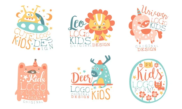 Colección de Niños Logo Plantillas de diseño originales con animales lindos, Infantil coloridas insignias dibujadas a mano Vector Ilustración sobre fondo blanco . — Vector de stock