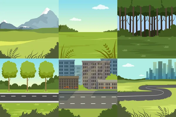 Collection of Sceneries of Urban and Natural Landscapes, Summer Backgrounds Vector Illustration — Stockový vektor