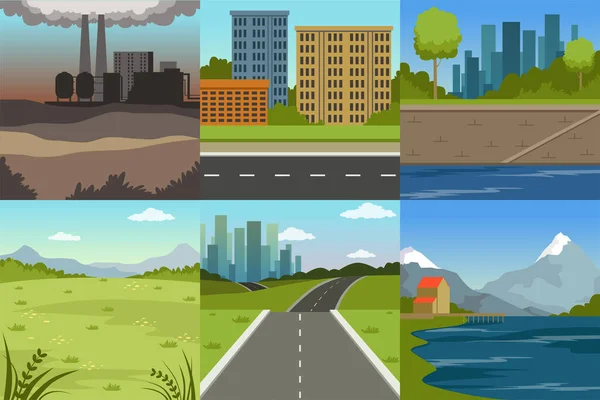 Collectie van scènes van stedelijke en natuurlijke landschappen, zomerse achtergronden met rivier, weg, industriële installaties en stadsgebouwen Vector Illustratie — Stockvector