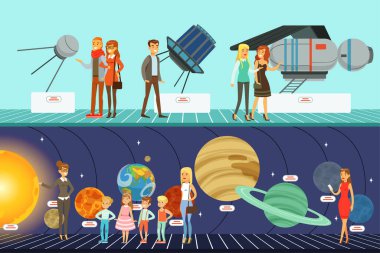 Bilim Sergilerindeki İnsanlar, Gezginler, Yıldızlar, Gezegenler ve Güneş Sistemi Hakkında Öğrenen Ziyaretçiler Planetaryum Vektör Resimlerinde Gezide