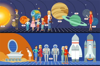 Planetaryum, Yenilik Eğitim Müzesi İç Vektör İllüzyonu Gezisinde Yıldızlar, Gezegenler ve Güneş Sistemi Hakkında Öğrenen İnsanlar