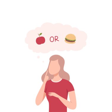 Karar Vermeye Çalışan Kız, Elma veya Burger, Sağlıklı ve Sağlıksız Besin Şekillendirmesi Arasında Yuvalayan Kadın