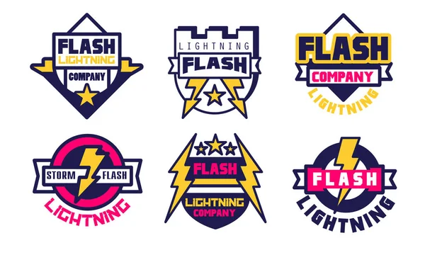 Flash Lightning Logo Templates Collection, Empresa de Energia Bright Badges Ilustração vetorial em fundo branco — Vetor de Stock