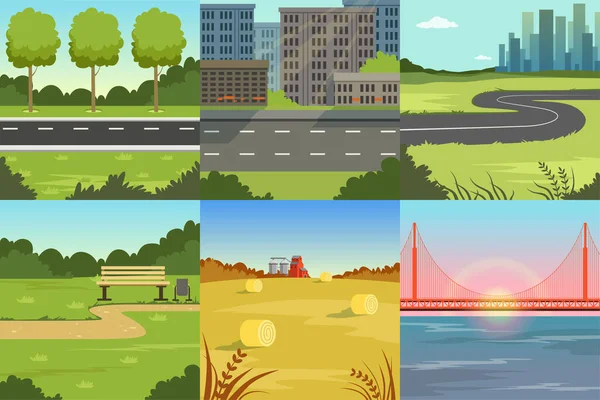 Raccolta di scenari di paesaggi urbani e naturali, Sfondi estivi con fiume, Ponte, Edifici cittadini Vettoriale Illustrazione — Vettoriale Stock