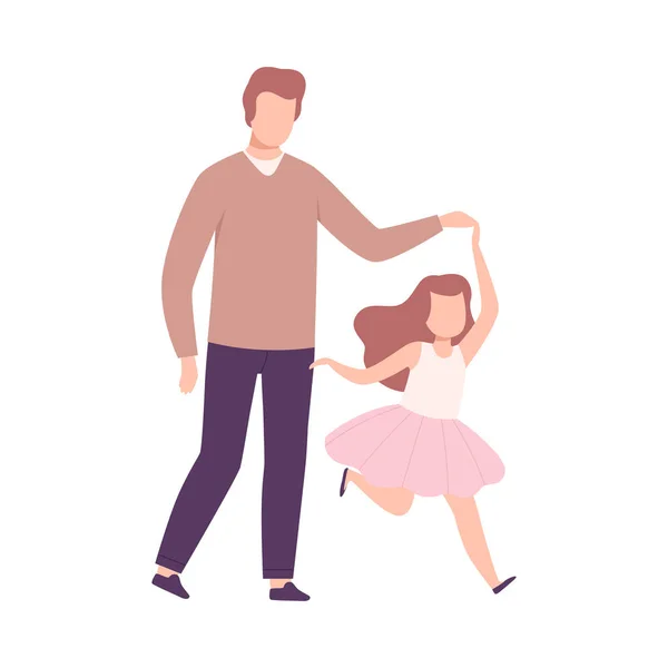 아버지와 딸 이손을 잡고 걷고, 가족은 함께 평평 한 벡터 삽화를 그리면서 즐거운 시간을 보내고 있다 — 스톡 벡터