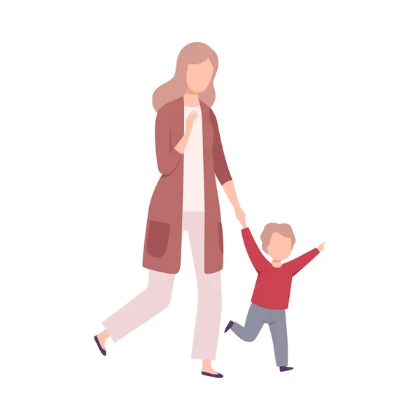 Madre e il suo piccolo figlio camminare mano nella mano, mamma e il suo bambino avendo buon tempo insieme piatto vettoriale illustrazione — Vettoriale Stock