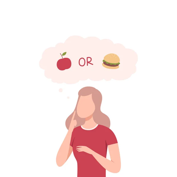 Meisje Proberen om beslissingen te nemen, Appel of Burger, Vrouw hosten tussen gezonde en ongezonde Food Flat Vector Illustratie — Stockvector