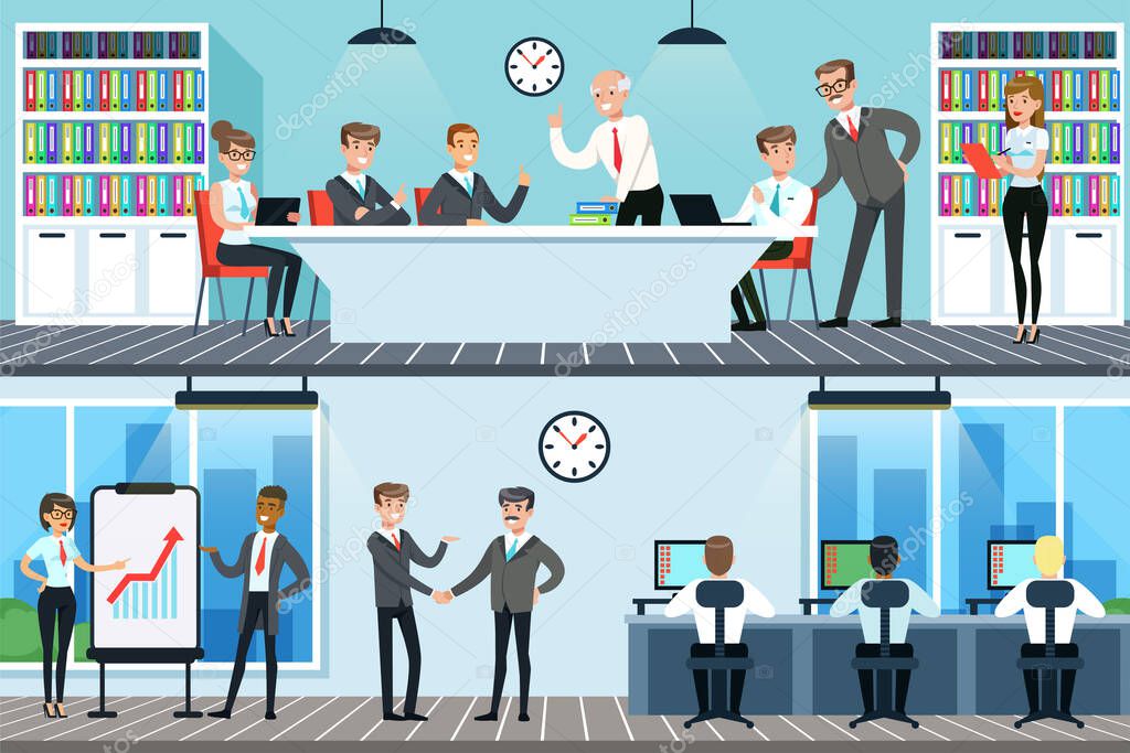Modern Office Interior with Working People, Business Meeting, Business People Leading Presentation During Business Seminar Vector Illustration