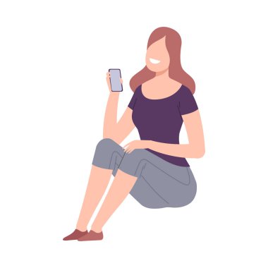 Modern Dijital Gadget ile Gülümseyen Kadın, Yerde Oturan ve Akıllı Telefonunu Düz Vektör Resmini Kullanarak İletişim Kuran Kız