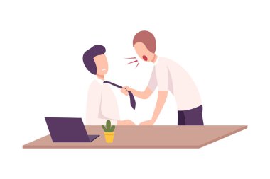 Patronun Erkek Büro çalışanına Tehdit ve Bağırması Öfkeli Yönetici, Stresli Çalışma Ortamı Düz Vektör İllüstrasyonu Şok Etti