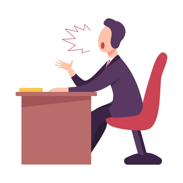 Bos Pria yang marah atau Karakter Pekerja Kantor Duduk di Ilustrasi Vektor Datar Meja dan Berteriak - Stok Vektor