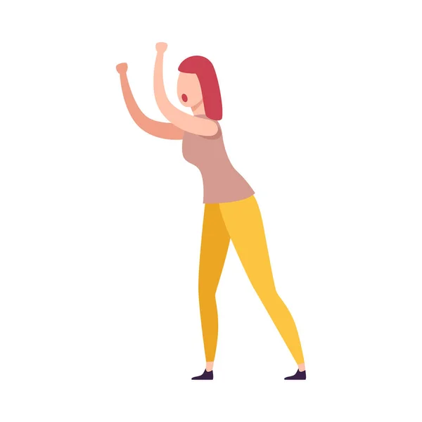 Характер разъяренной женщины в повседневной одежде кричит и машет кулаками плоская векторная иллюстрация — стоковый вектор