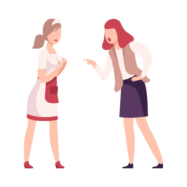 Duas jovens mulheres discutindo e gritando, menina gritando com garçonete plana Vector Ilustração —  Vetores de Stock