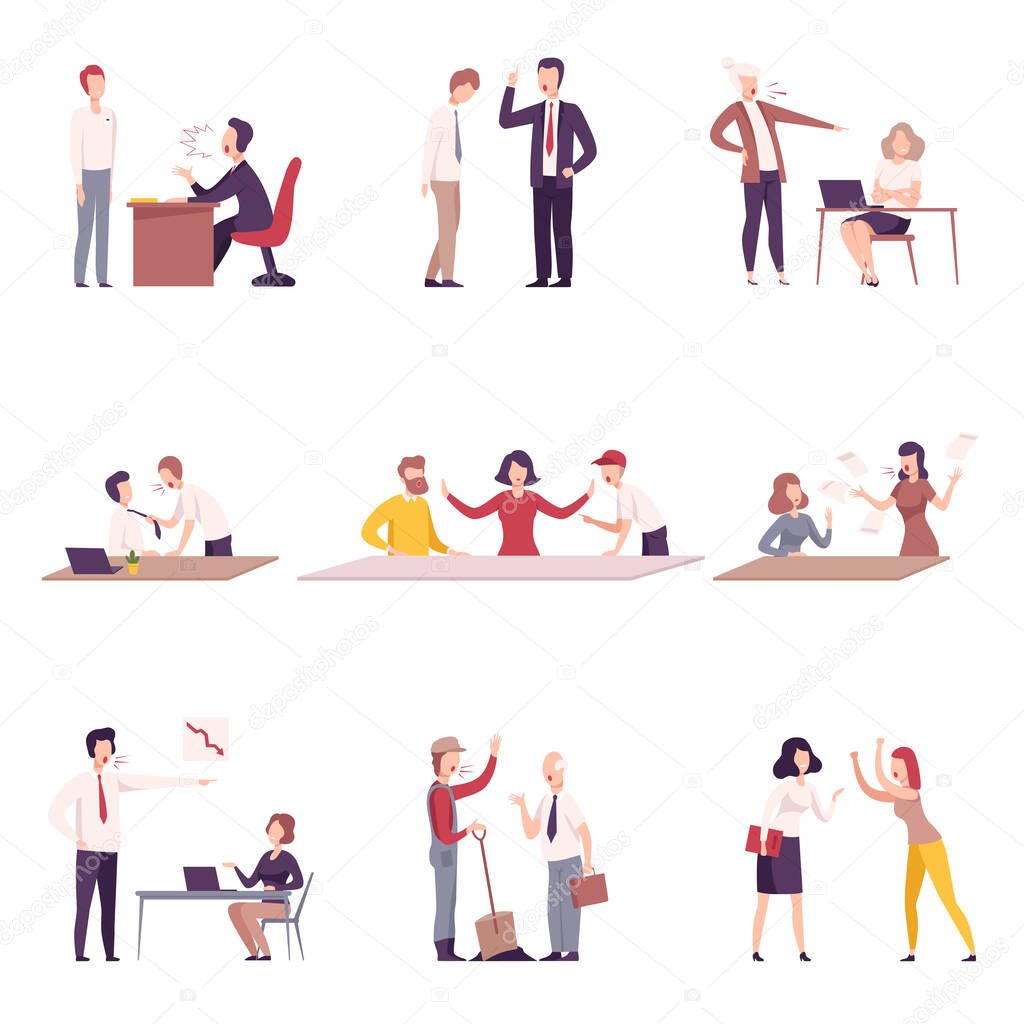 Bosses Threatening and Yelling to Office Workers Set, Stressful Working Environment Flat Vector Illustration
