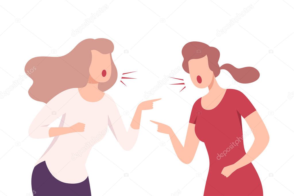Furious Female Colleagues Arguing and Shouting, Stressful Working Environment Flat Vector Illustration