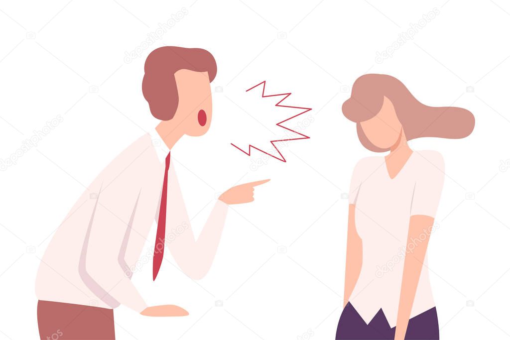 Furious Businessman Yelling to Stressful Young Woman Flat Vector Illustration