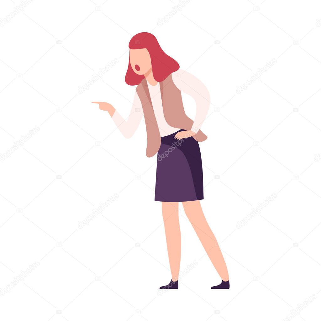 Angry Woman Character Yelling Pointing with Her Finger Flat Vector Illustration
