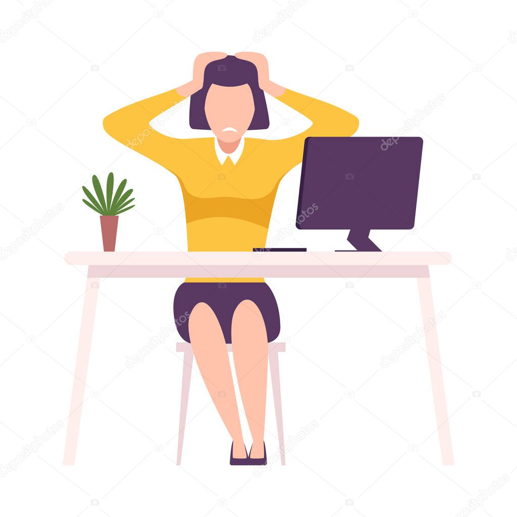 Stressed Businessman Sitting at the Desk Grabbing her Head Flat Vector Illustration
