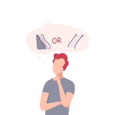 Young Man Trying to Make Decision, Staircase or Escalator, Guy hoosing Between Healthy and Unhealthy Lifestyle Flat Vector Illustration