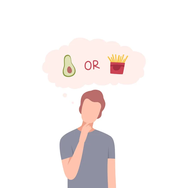 Man Trying to Make Decision, Avocado or French Fries, Guy hoosing Between Healthy and Unhealthy Food Flat Vector Illustration — Stockvektor