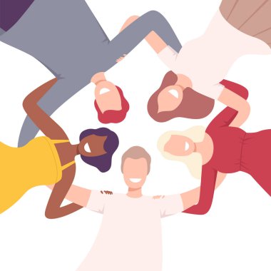 Group of Happy People Embracing Together in Circle, Low Angle View Flat Vector Illustration