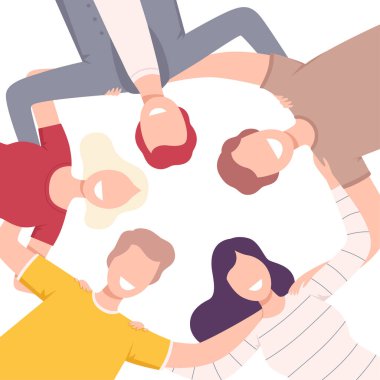 Group of Happy People Standing Together Forming Circle, Low Angle View Flat Vector Illustration