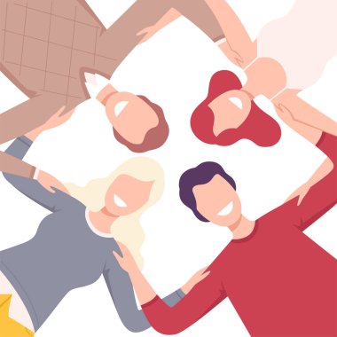 Group of Happy People Standing Together Forming Circle, View from the Bottom Flat Vector Illustration