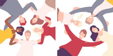 Happy People Embracing Together in Circle Set, Low Angle View Flat Vector Illustration