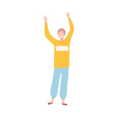 Young Man Standing with Raising Hands, Male Character in Casual Clothes Dancing at Party, Having Fun or Celebrating Success Flat Vector Illustration